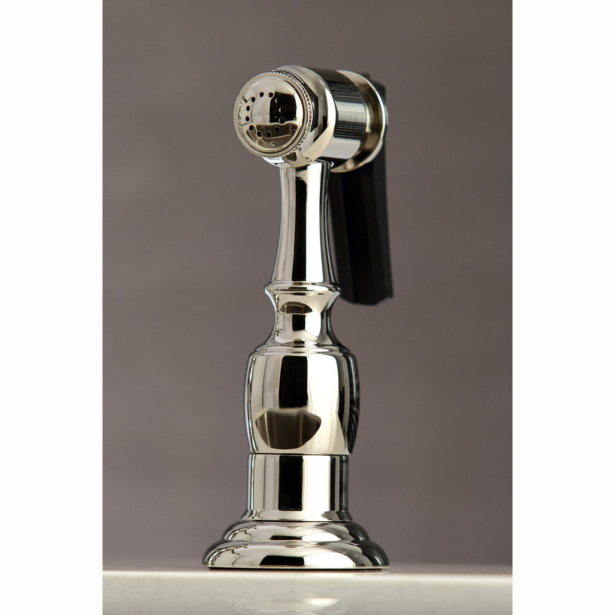 English Country Bridge Kitchen Faucet with Brass Side Sprayer in Polished Nickel