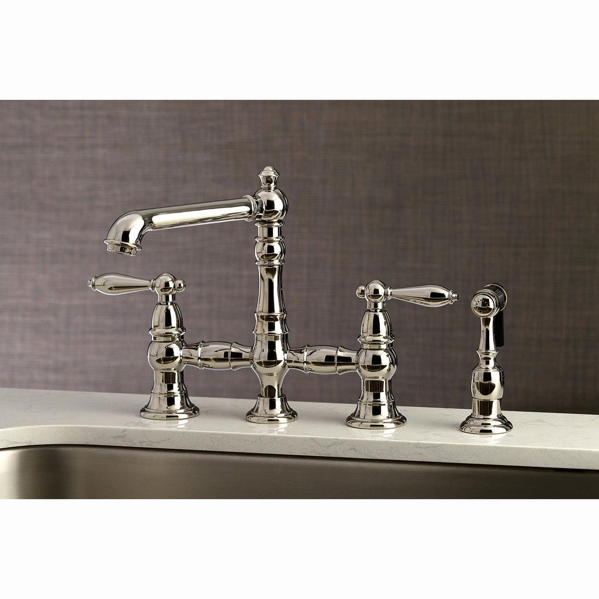 English Country Bridge Kitchen Faucet with Brass Side Sprayer in Polished Nickel