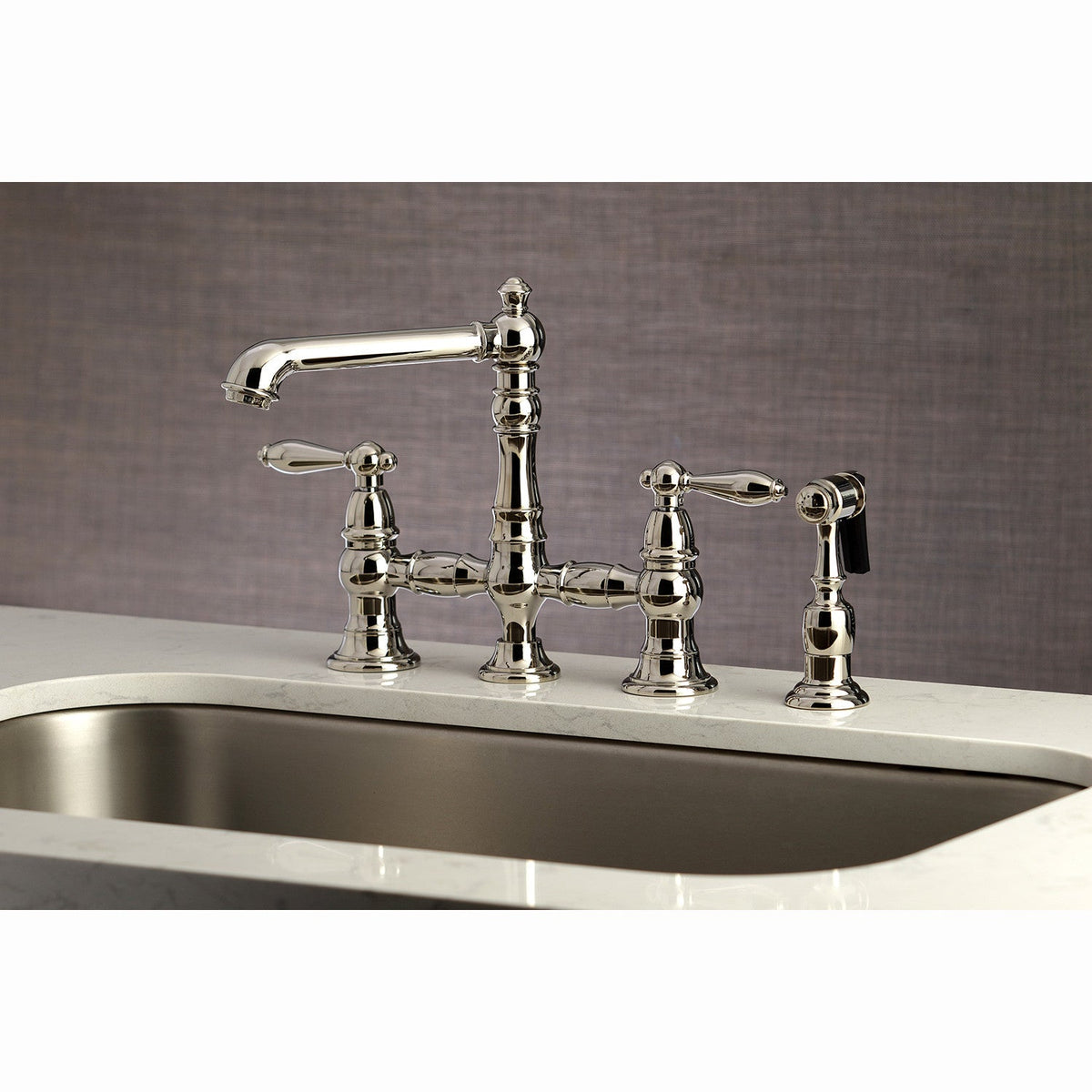 English Country Bridge Kitchen Faucet with Brass Side Sprayer in Polished Nickel