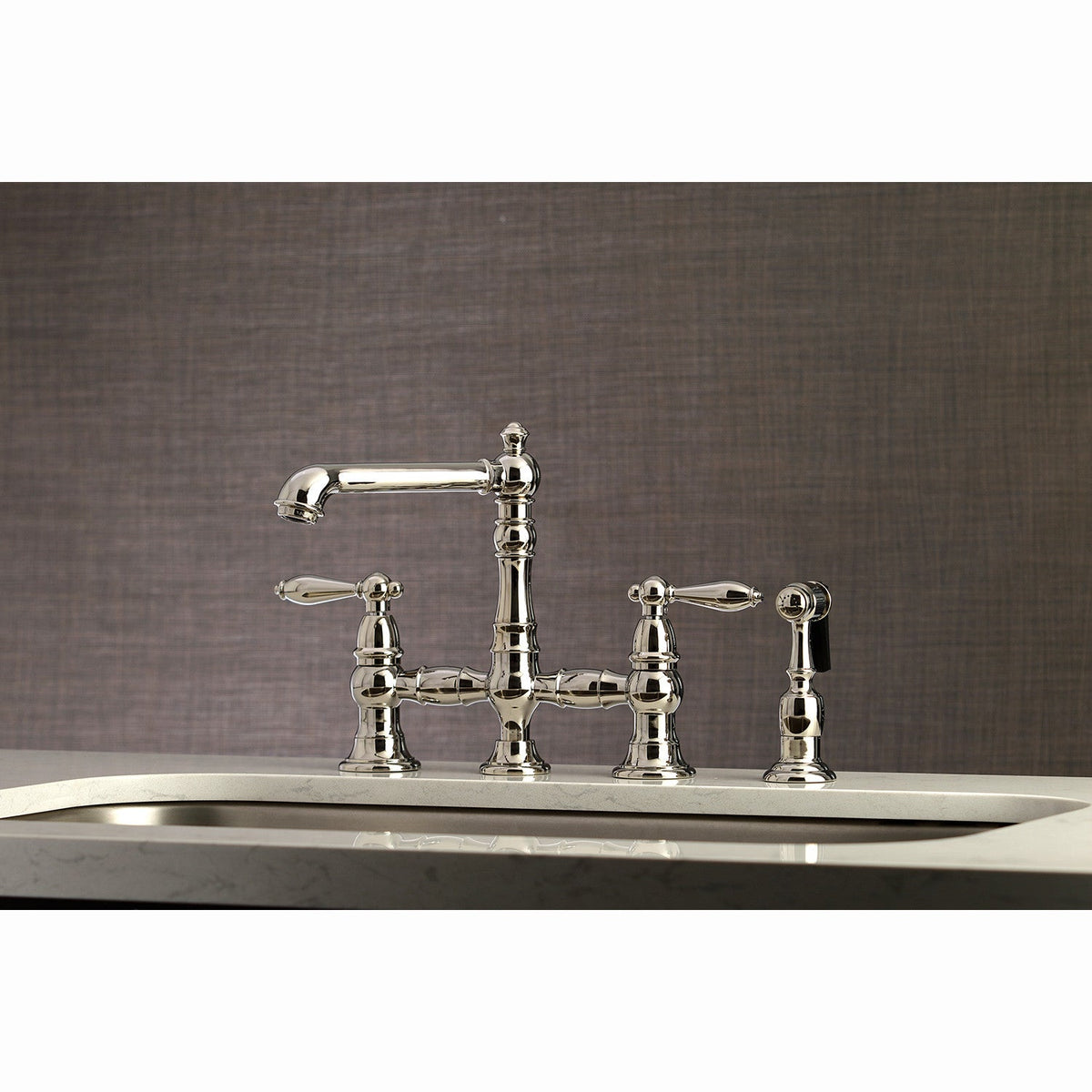 English Country Bridge Kitchen Faucet with Brass Side Sprayer in Polished Nickel