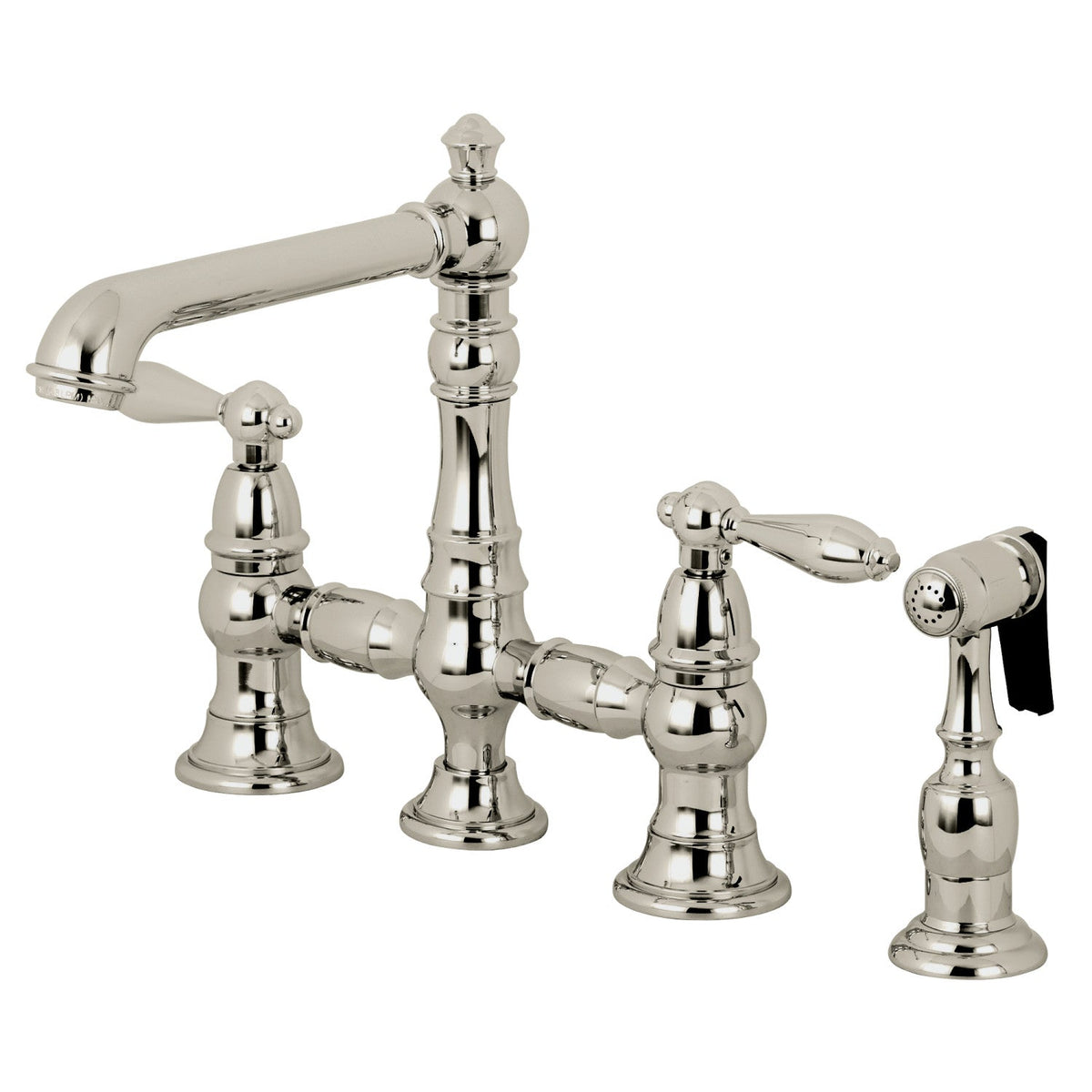 English Country Bridge Kitchen Faucet with Brass Side Sprayer in Polished Nickel
