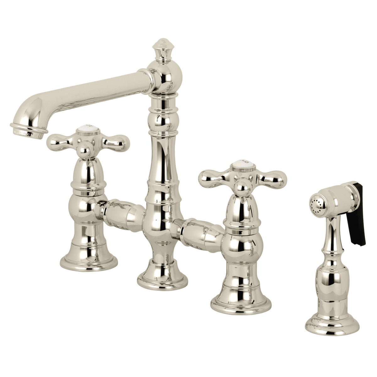 English Country Bridge Kitchen Faucet with Brass Side Sprayer in Polished Nickel