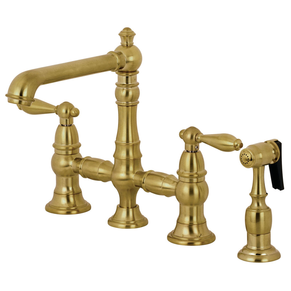 English Country Bridge Kitchen Faucet with Brass Side Sprayer in Brushed Brass