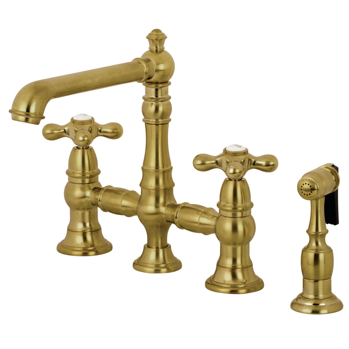 English Country Bridge Kitchen Faucet with Brass Side Sprayer in Brushed Brass