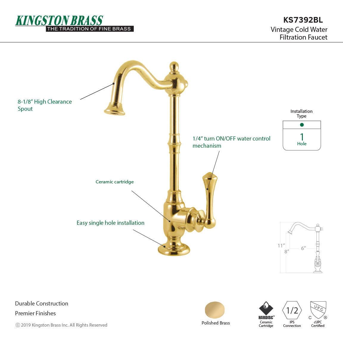 Vintage Single-Handle Water Filtration Faucet in Polished Brass