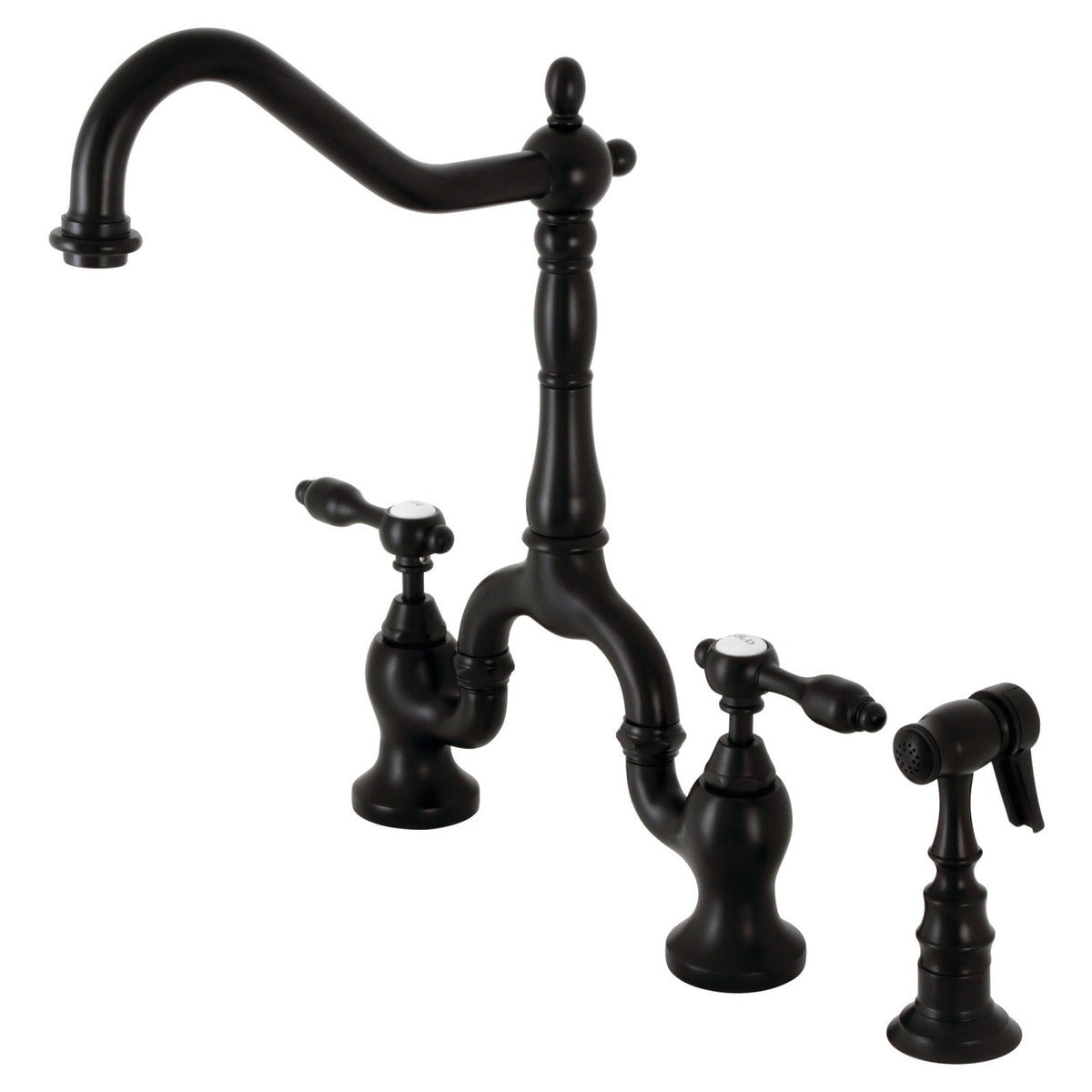 Tudor Bridge Kitchen Faucet with Brass Side Sprayer in Matte Black
