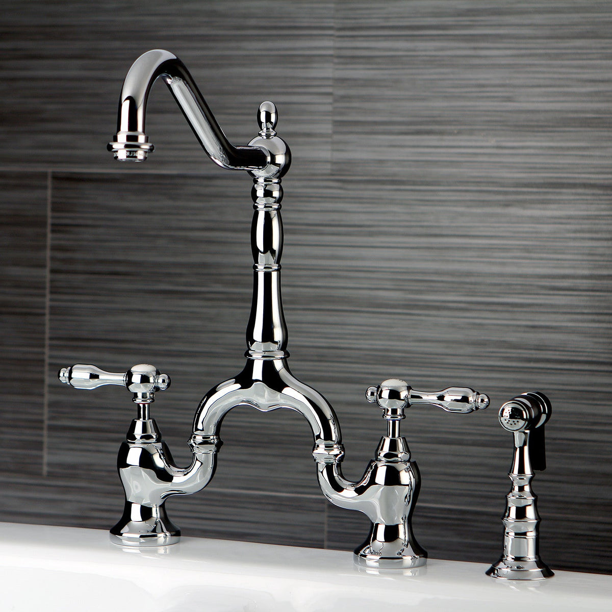Tudor Bridge Kitchen Faucet with Brass Side Sprayer in Polished Chrome