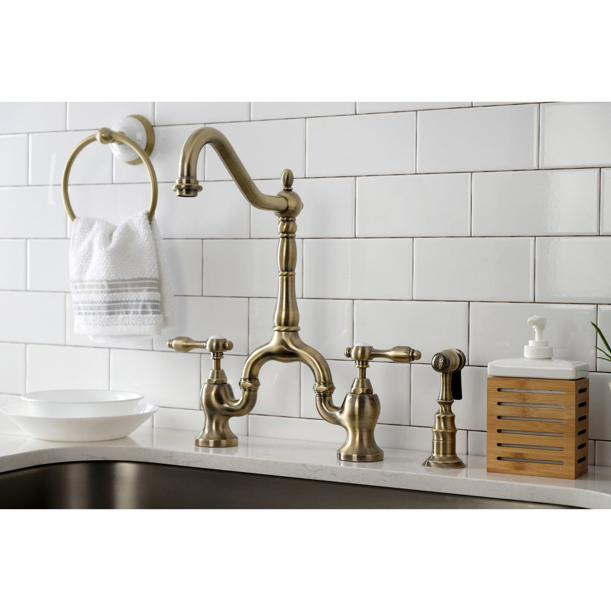 Tudor Bridge Kitchen Faucet with Brass Side Sprayer in Antique Brass