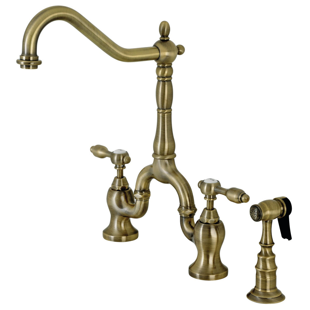 Tudor Bridge Kitchen Faucet with Brass Side Sprayer in Antique Brass