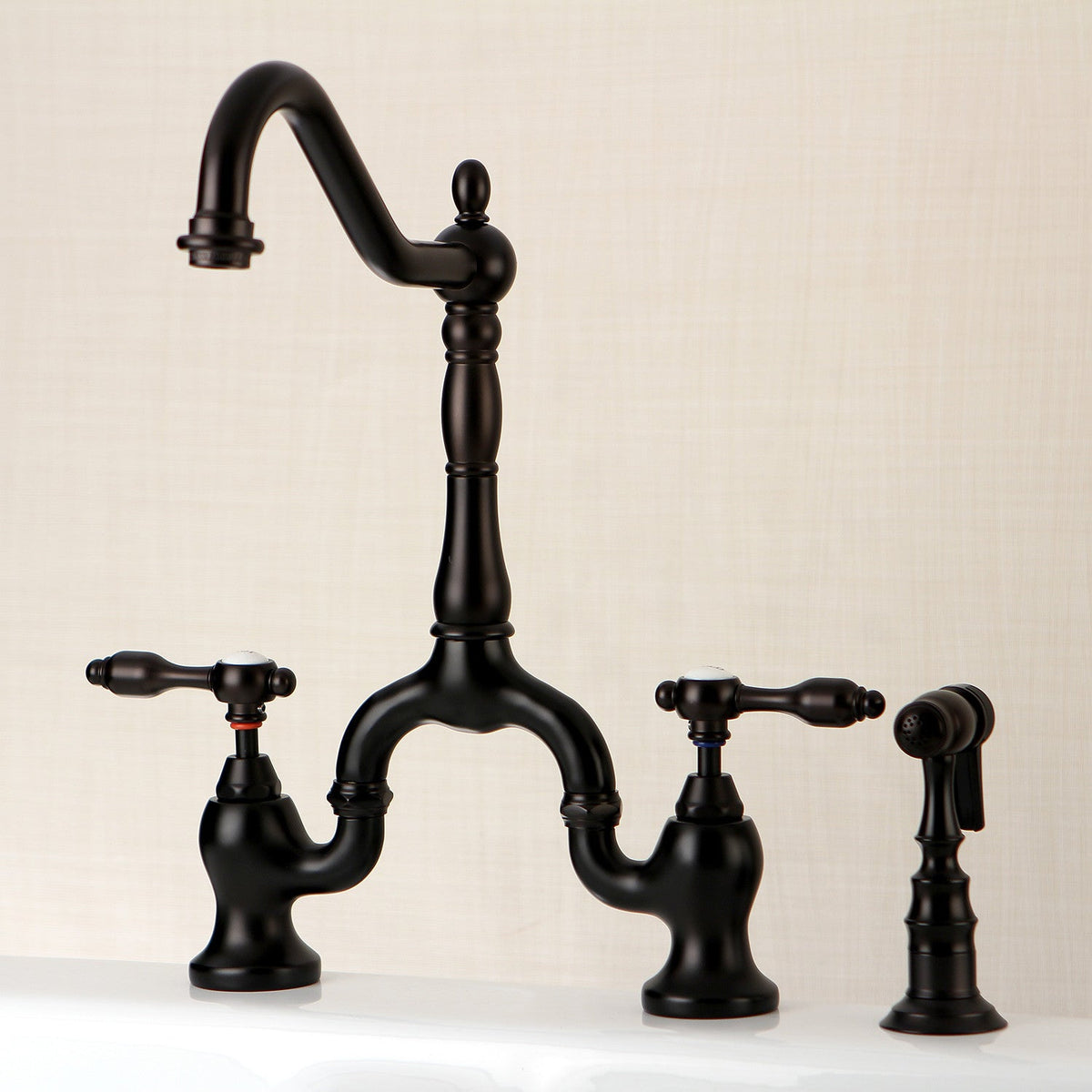 Tudor Bridge Kitchen Faucet with Brass Side Sprayer in Oil Rubbed Bronze