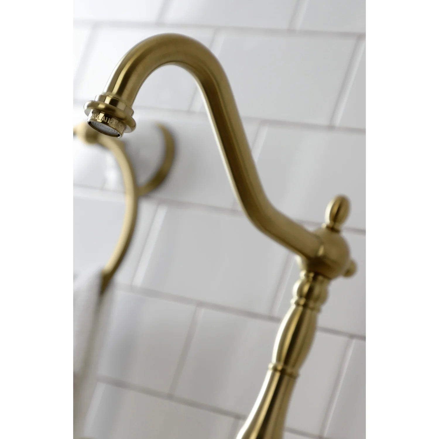 Brushed brass curved spout and handle assembly for kitchen bridge faucet