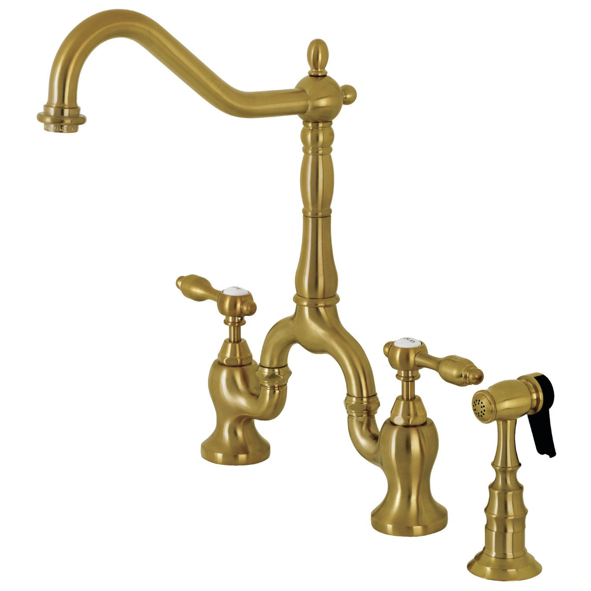 Tudor Bridge Kitchen Faucet with Brass Side Sprayer in Brushed Brass
