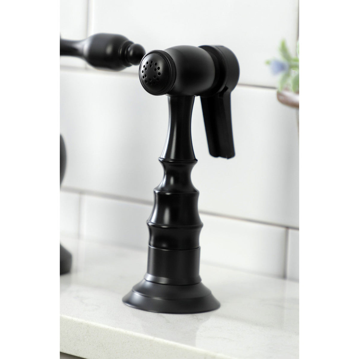 Tudor Bridge Kitchen Faucet with Brass Side Sprayer in Matte Black