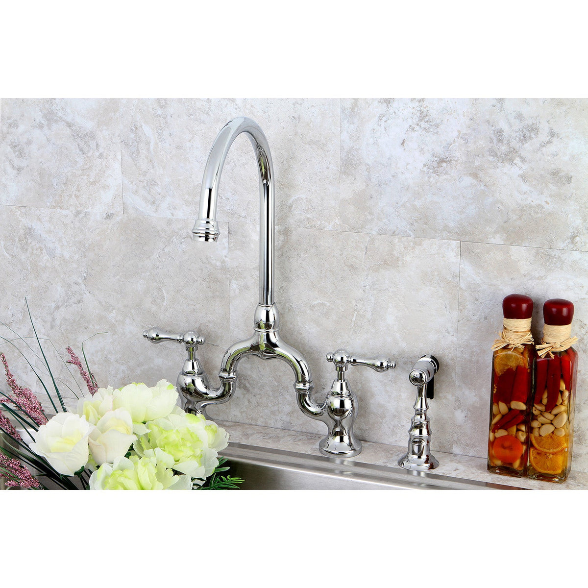 English Country Bridge Kitchen Faucet with Brass Side Sprayer in Polished Chrome