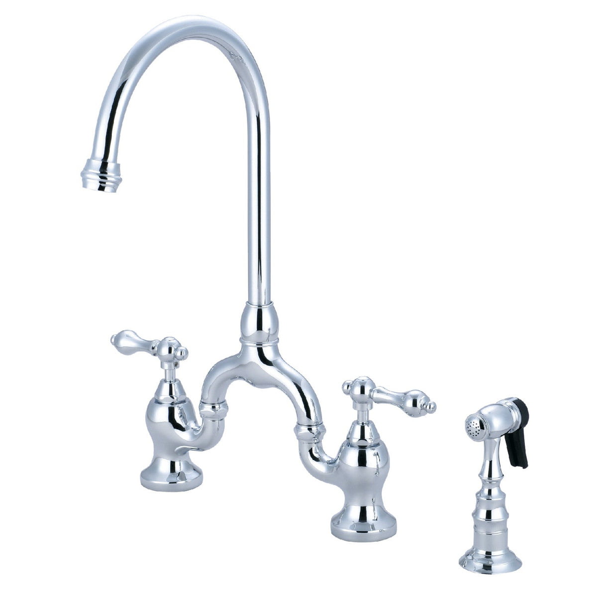 English Country Bridge Kitchen Faucet with Brass Side Sprayer in Polished Chrome