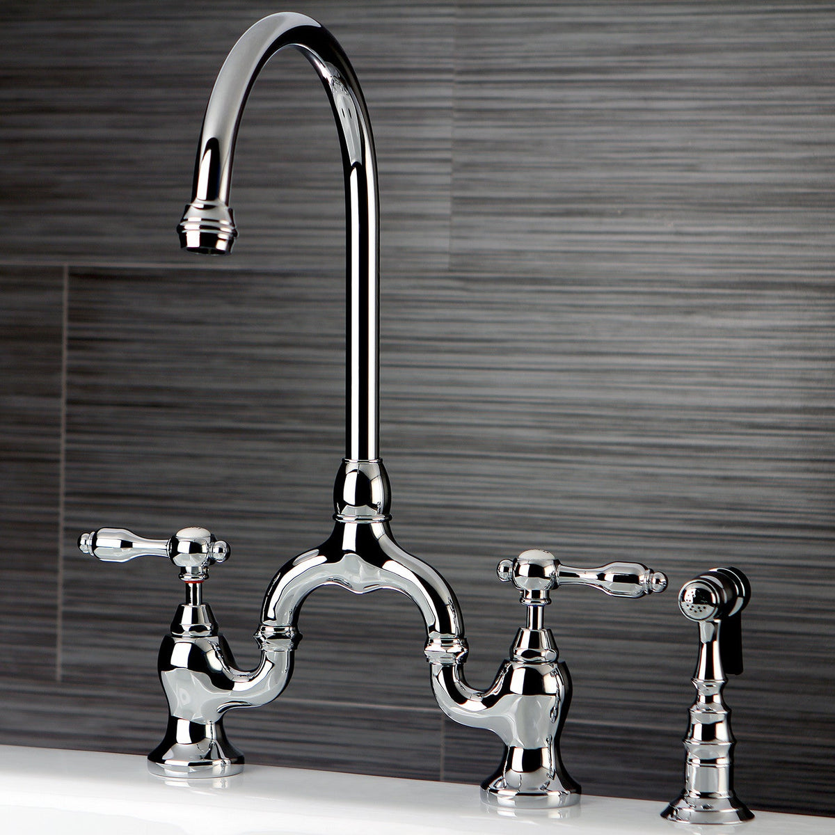Tudor Bridge Kitchen Faucet with Brass Side Sprayer in Polished Chrome
