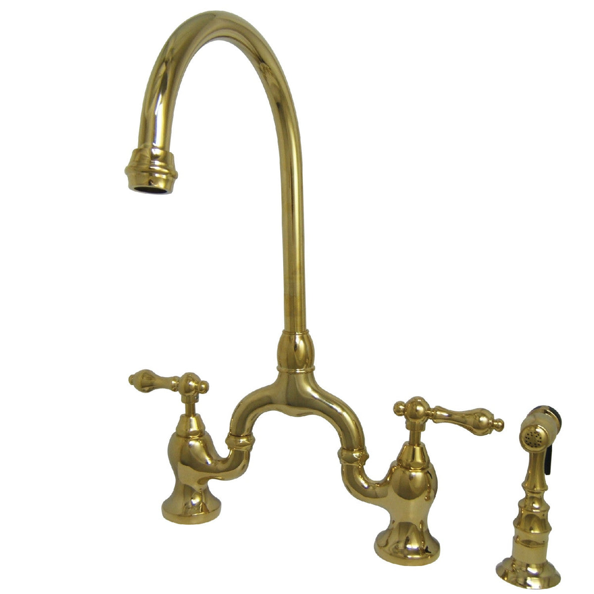 English Country Bridge Kitchen Faucet with Brass Side Sprayer in Polished Brass