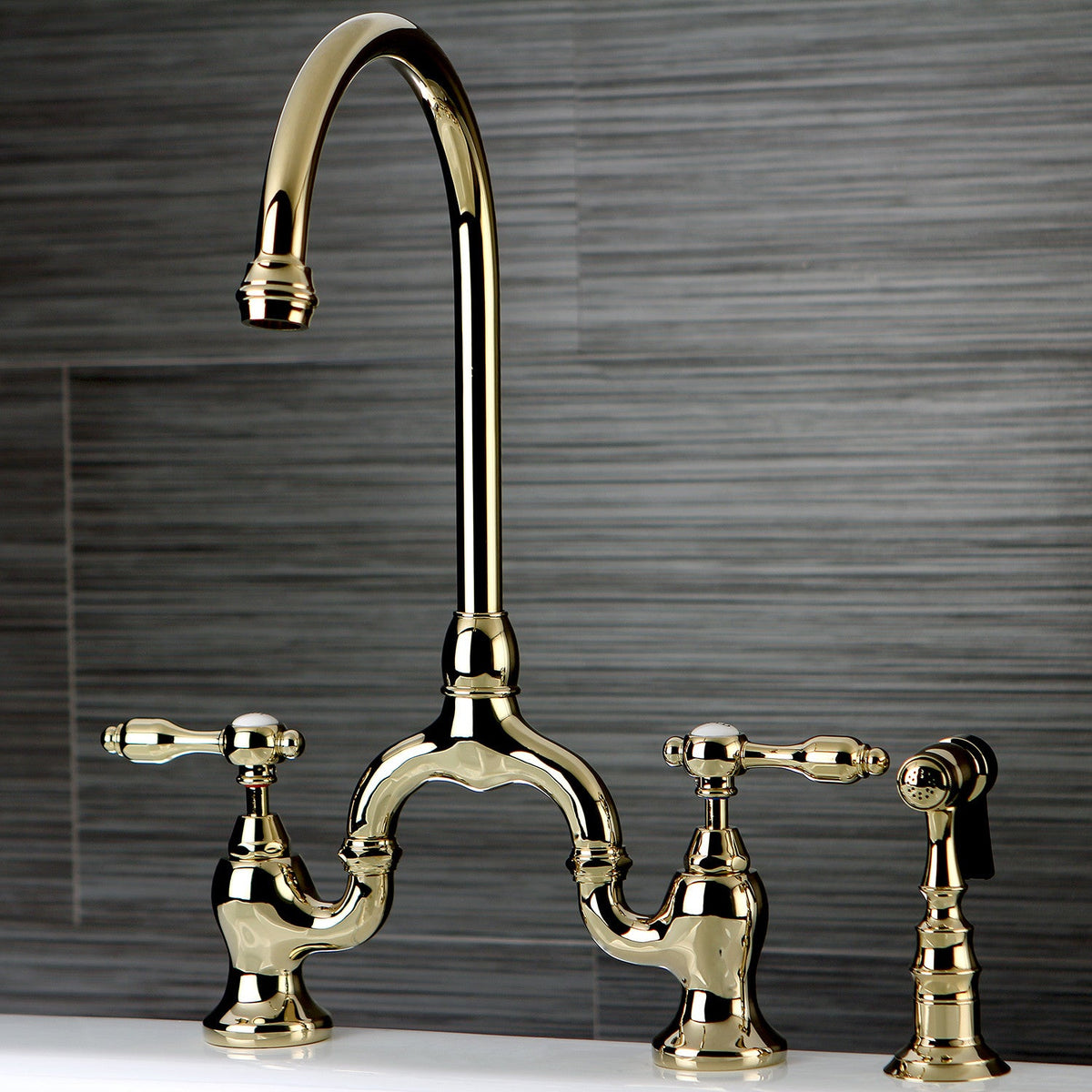 Tudor Bridge Kitchen Faucet with Brass Side Sprayer in Polished Brass