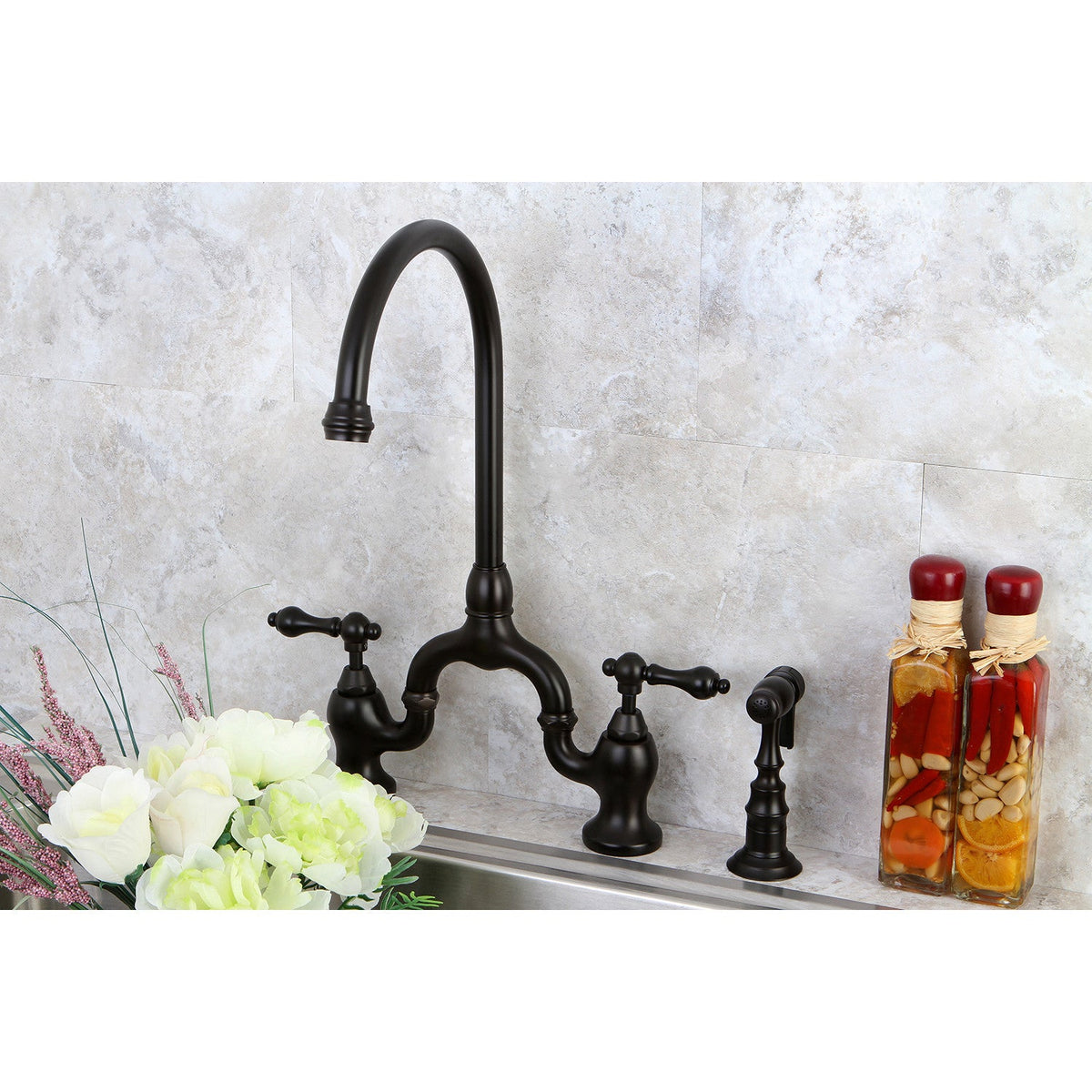 English Country Bridge Kitchen Faucet with Brass Side Sprayer in Oil Rubbed Bronze