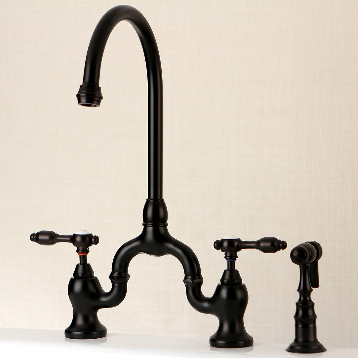 Tudor Bridge Kitchen Faucet with Brass Side Sprayer in Oil Rubbed Bronze