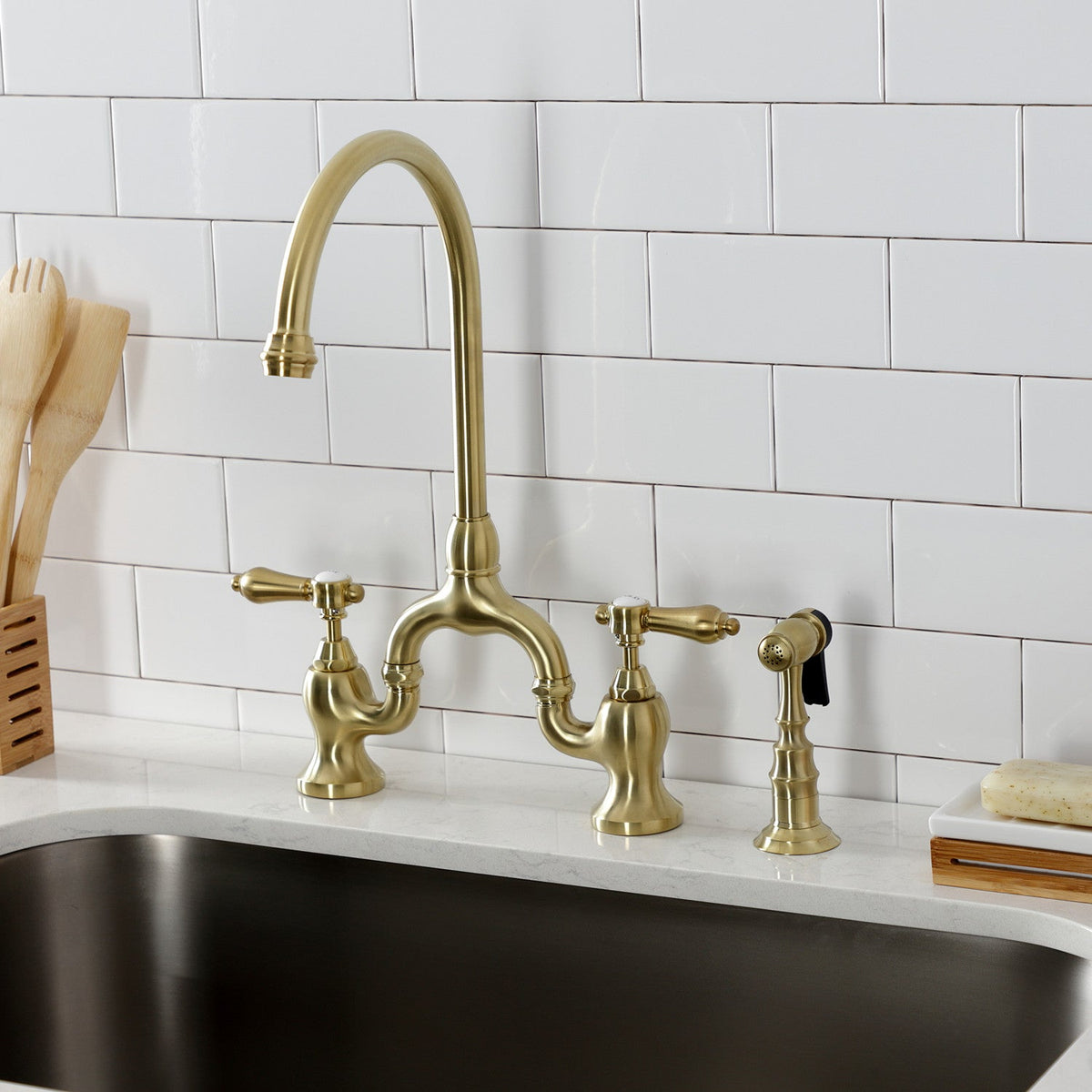 Heirloom Bridge Kitchen Faucet with Brass Side Sprayer in Brushed Brass