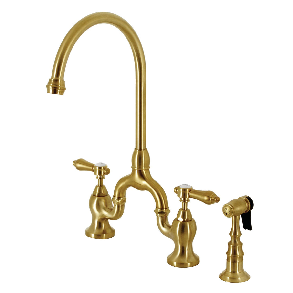 Heirloom Bridge Kitchen Faucet with Brass Side Sprayer in Brushed Brass