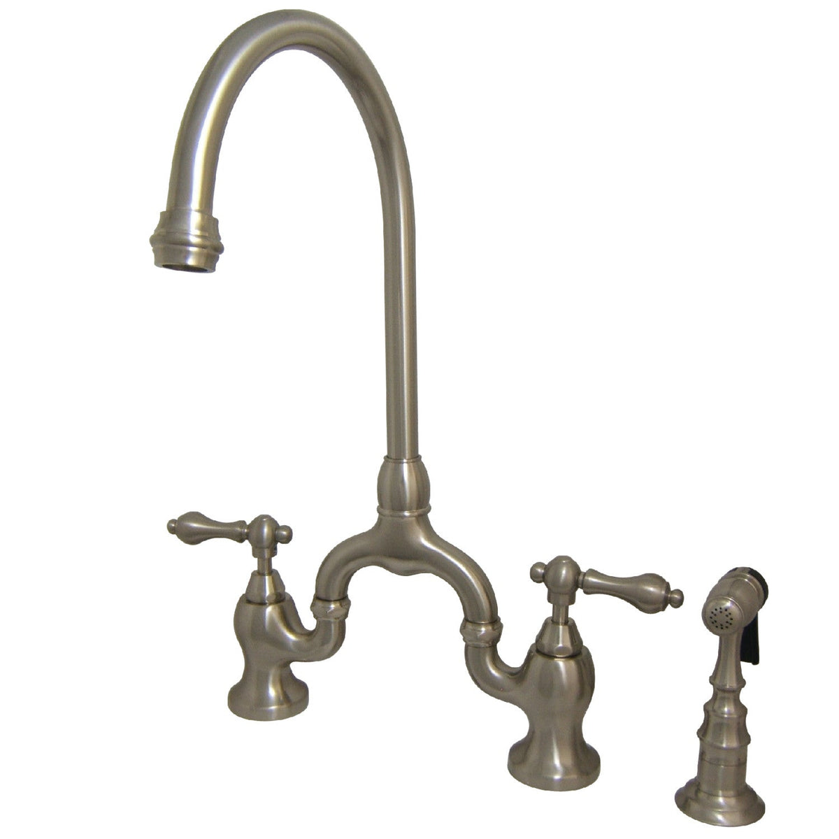 English Country Bridge Kitchen Faucet with Brass Side Sprayer in Brushed Nickel