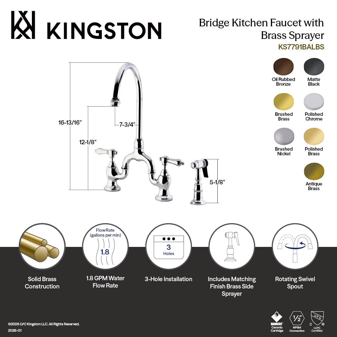Heirloom Bridge Kitchen Faucet with Brass Side Sprayer in Brushed Nickel