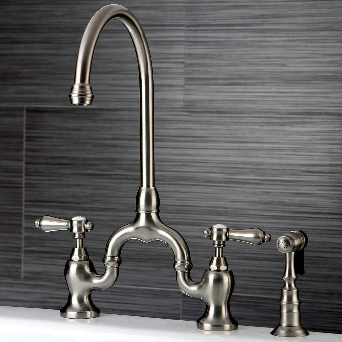 Heirloom Bridge Kitchen Faucet with Brass Side Sprayer in Brushed Nickel