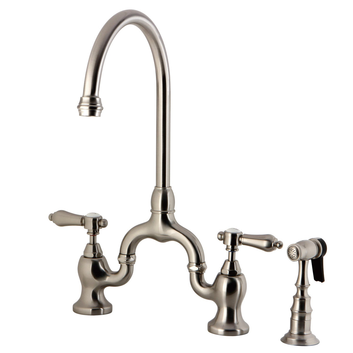 Heirloom Bridge Kitchen Faucet with Brass Side Sprayer in Brushed Nickel