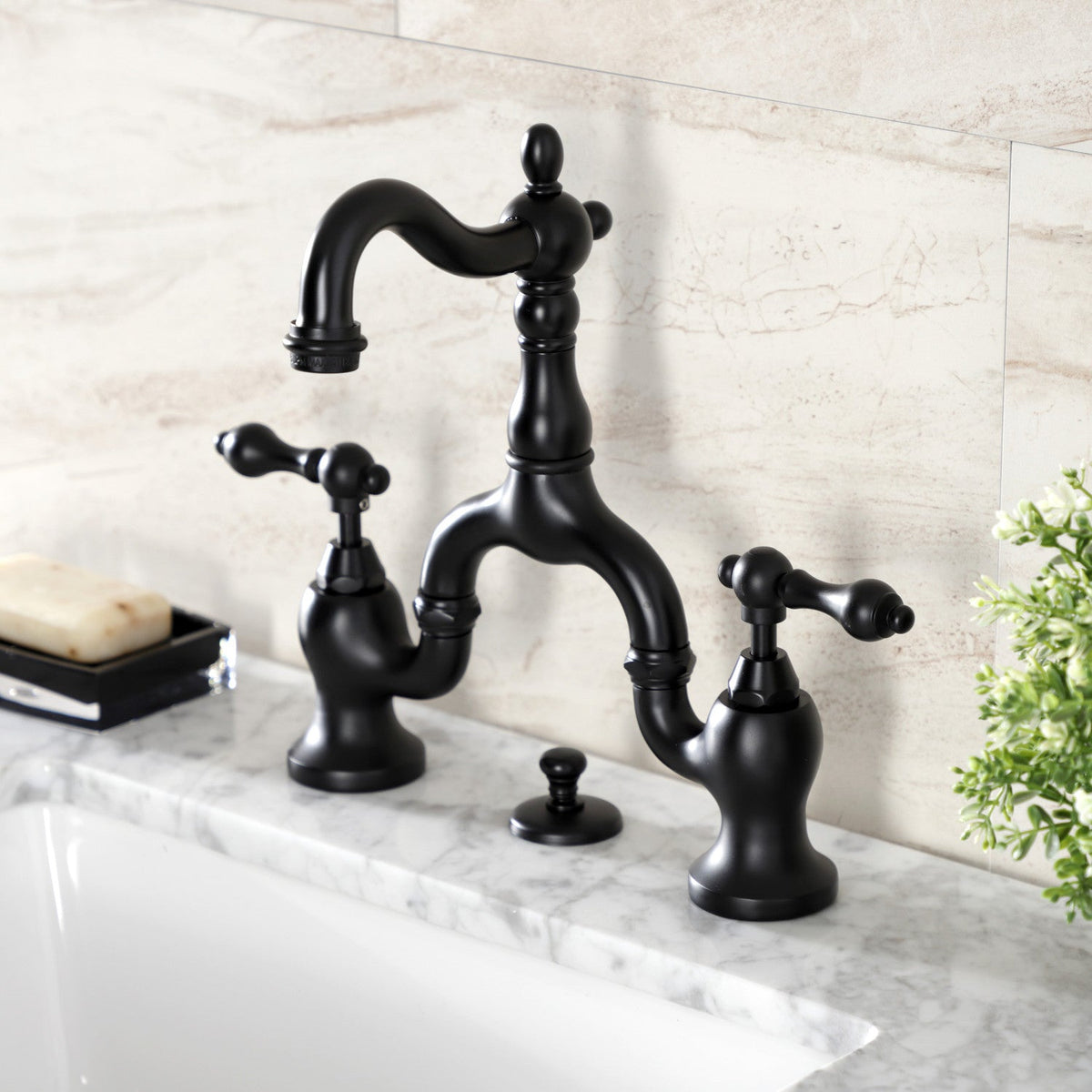 English Country Bridge Bathroom Faucet with Brass Pop-Up in Matte Black