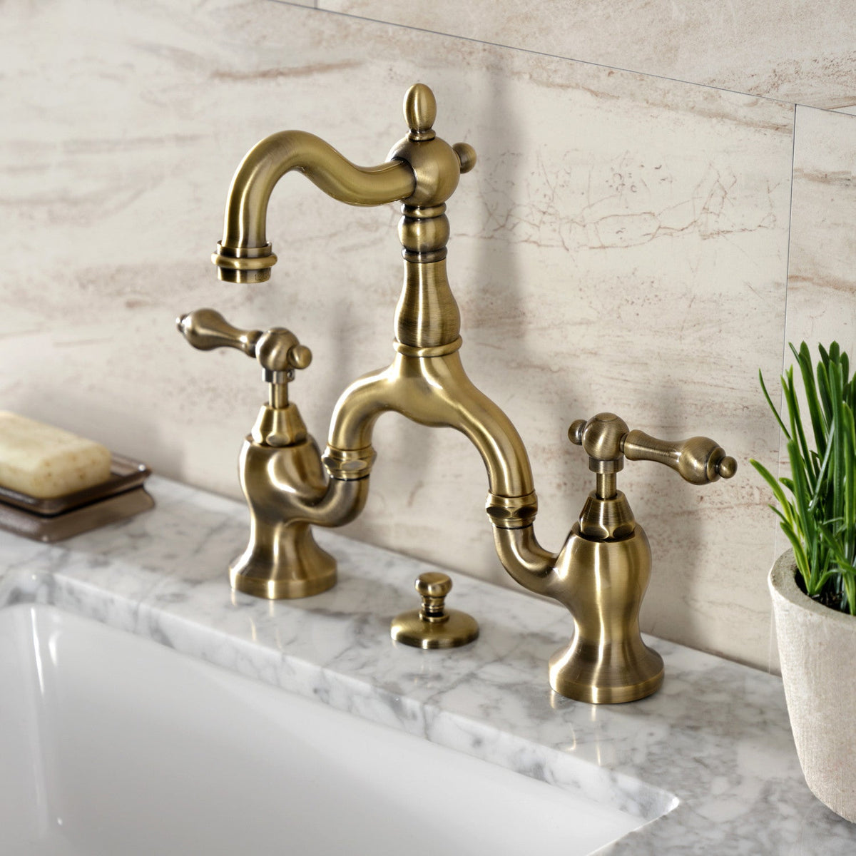 English Country Bridge Bathroom Faucet with Brass Pop-Up in Antique Brass