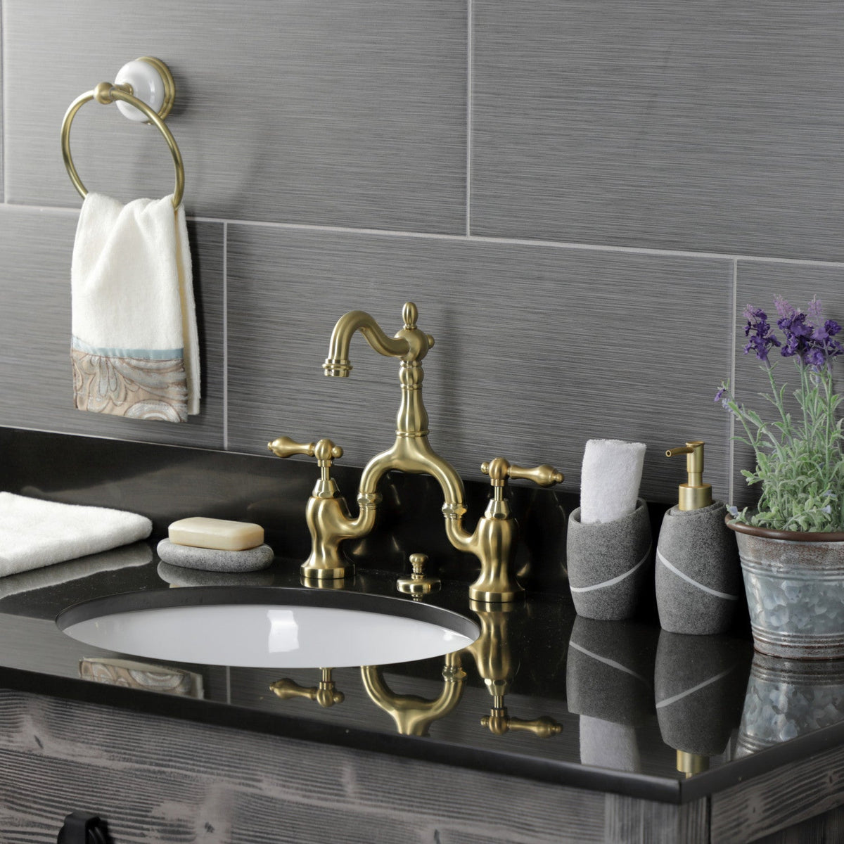 English Country Bridge Bathroom Faucet with Brass Pop-Up in Brushed Brass