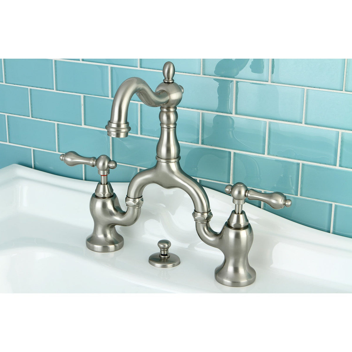 English Country Bridge Bathroom Faucet with Brass Pop-Up in Brushed Nickel