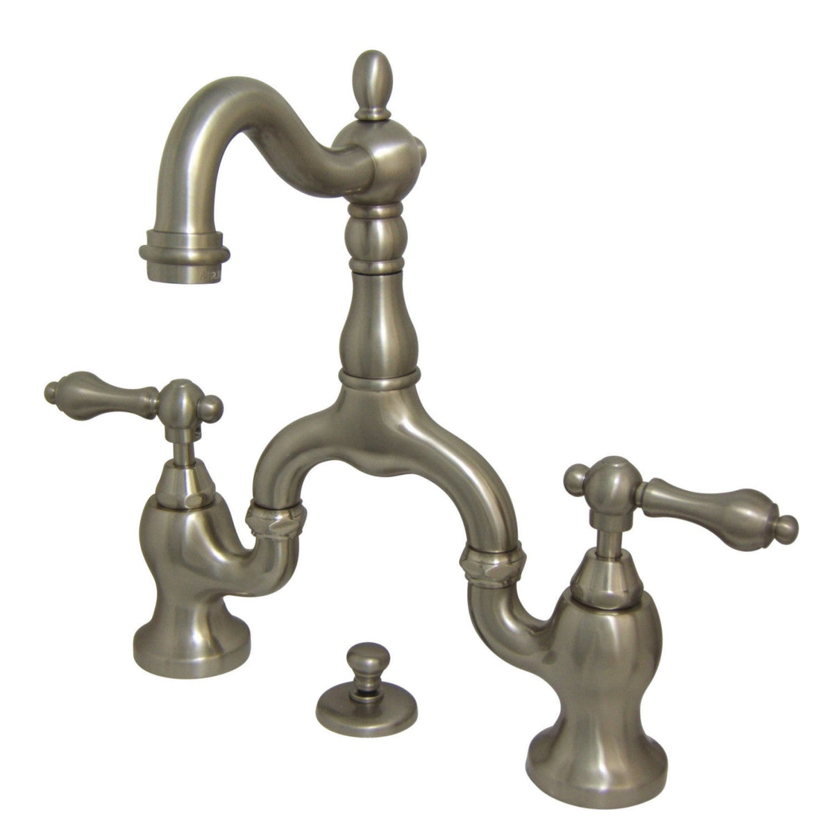 English Country Bridge Bathroom Faucet with Brass Pop-Up in Brushed Nickel