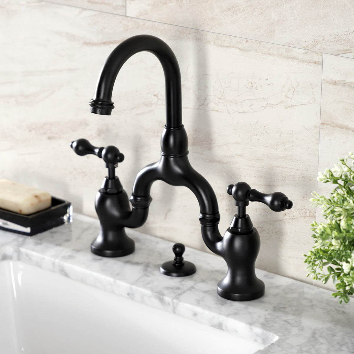 English Country Bridge Bathroom Faucet with Brass Pop-Up in Matte Black