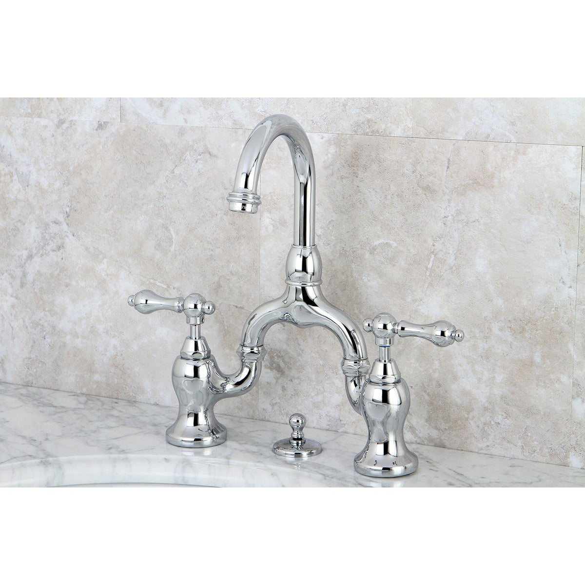 English Country Bridge Bathroom Faucet with Brass Pop-Up in Polished Chrome