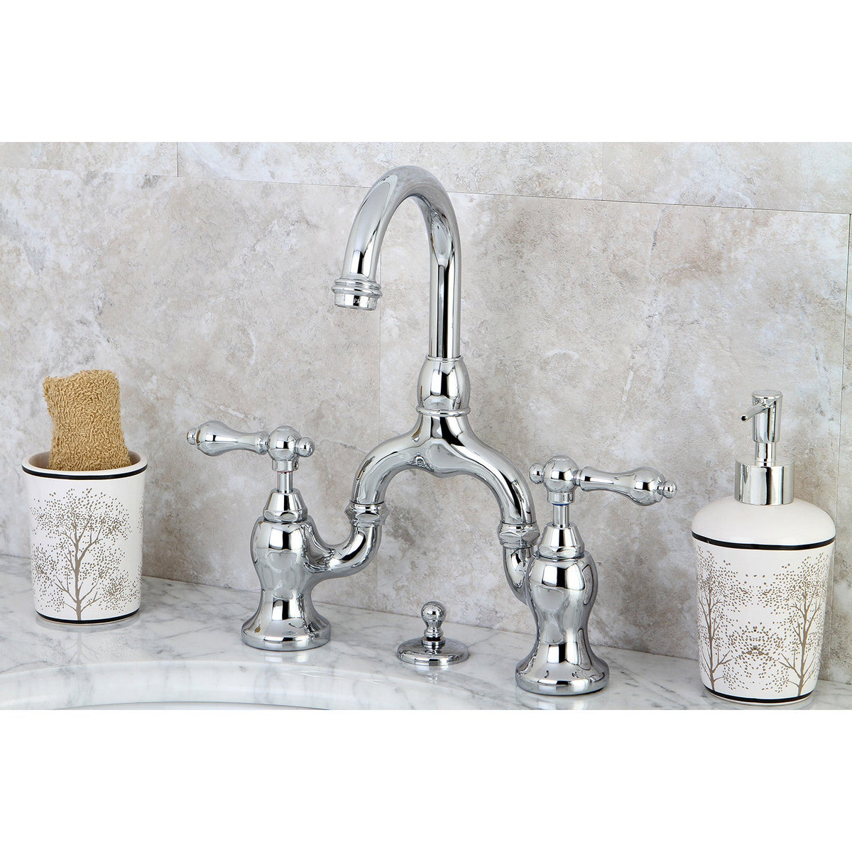 English Country Bridge Bathroom Faucet with Brass Pop-Up in Polished Chrome