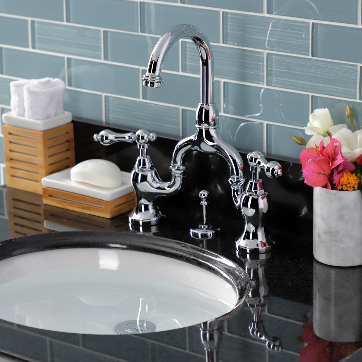 English Country Bridge Bathroom Faucet with Brass Pop-Up in Polished Chrome