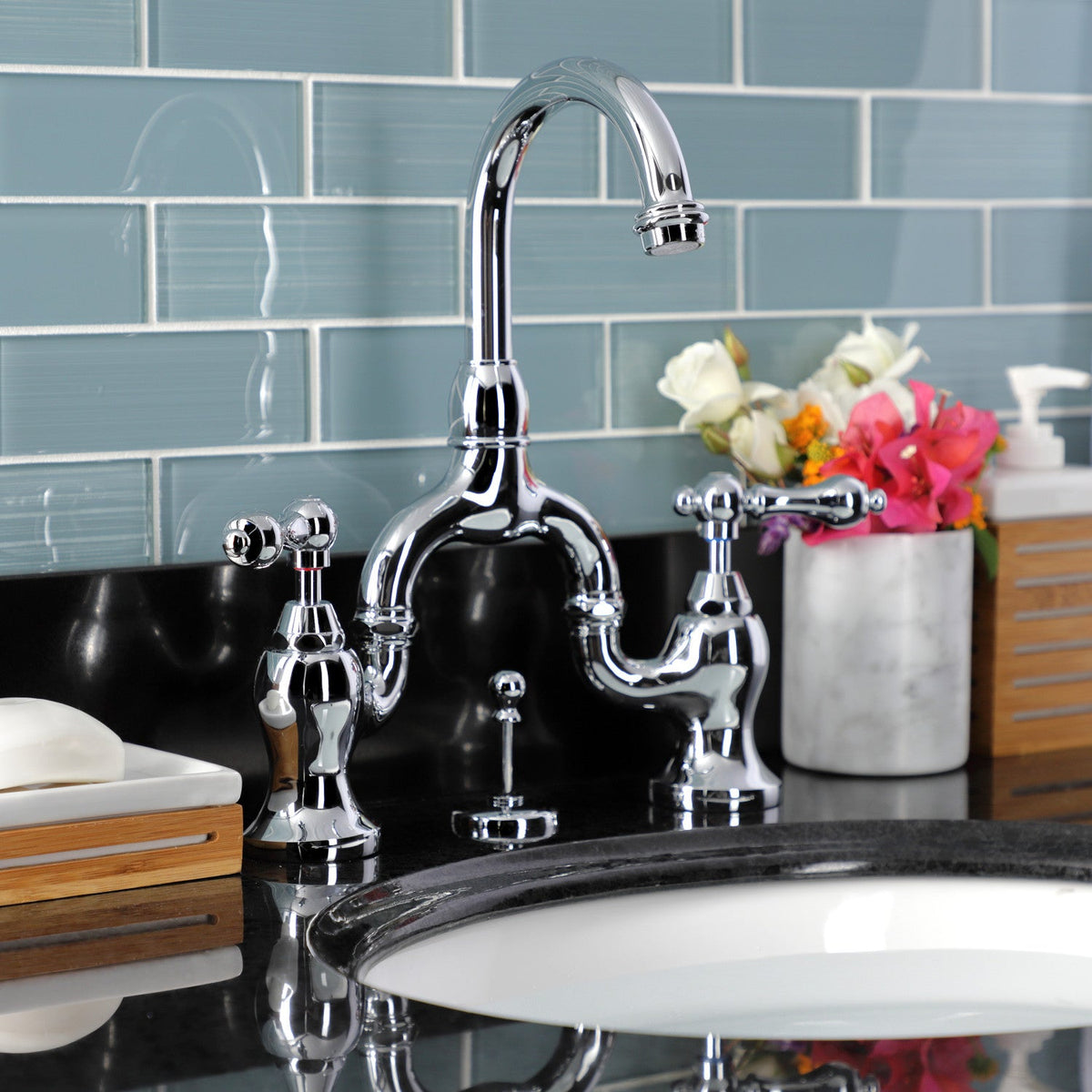 English Country Bridge Bathroom Faucet with Brass Pop-Up in Polished Chrome