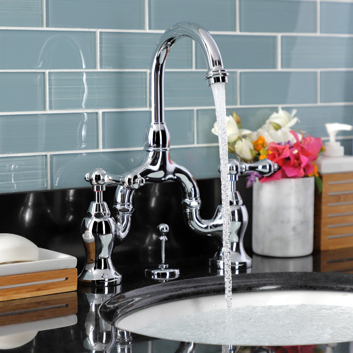 English Country Bridge Bathroom Faucet with Brass Pop-Up in Polished Chrome