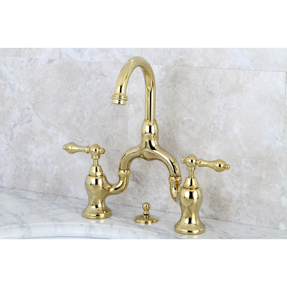 English Country Bridge Bathroom Faucet with Brass Pop-Up in Polished Brass