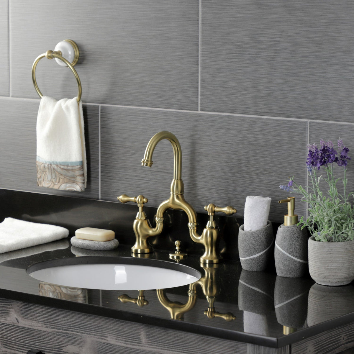 English Country Bridge Bathroom Faucet with Brass Pop-Up in Brushed Brass