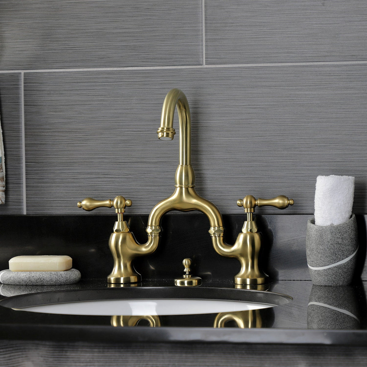 English Country Bridge Bathroom Faucet with Brass Pop-Up in Brushed Brass
