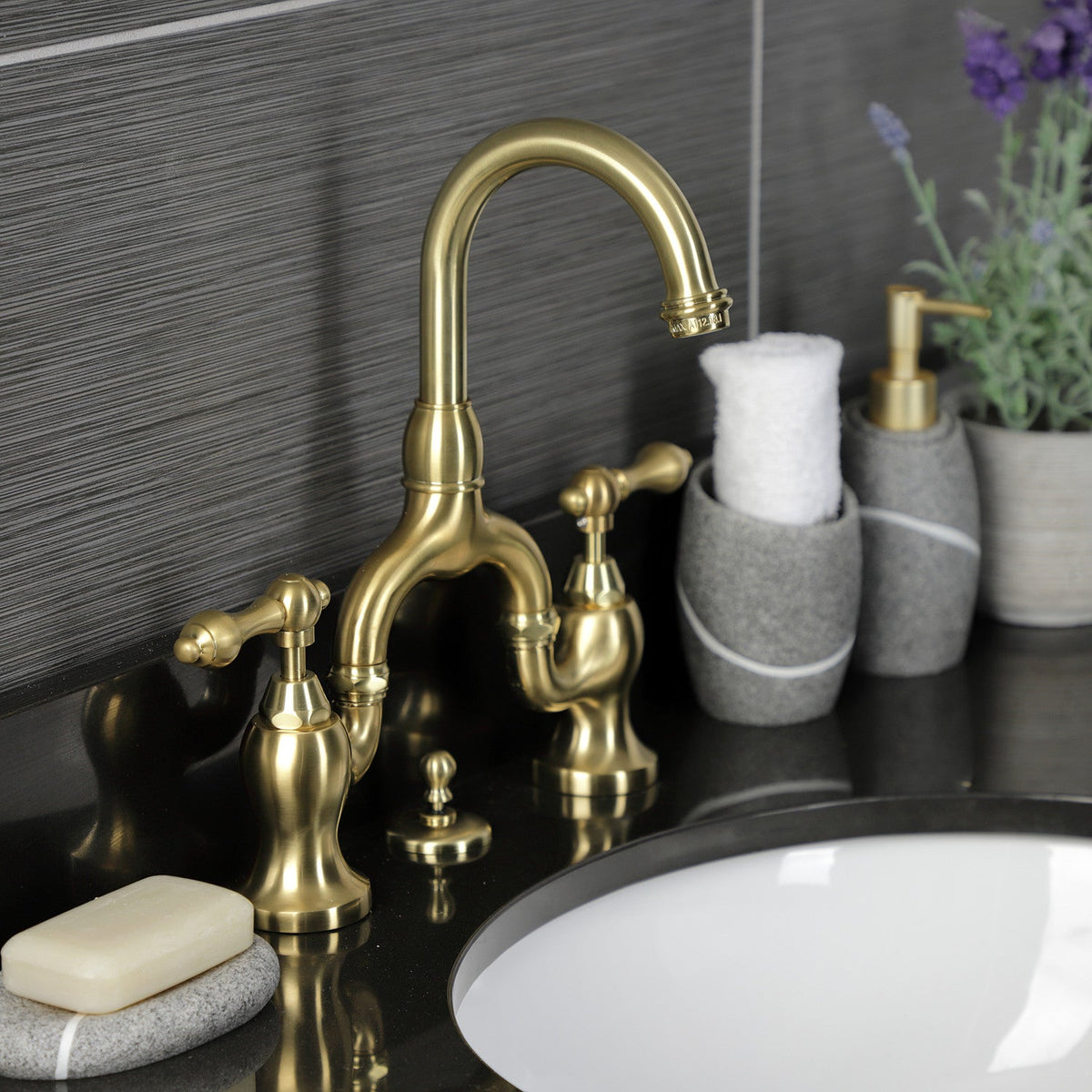 English Country Bridge Bathroom Faucet with Brass Pop-Up in Brushed Brass