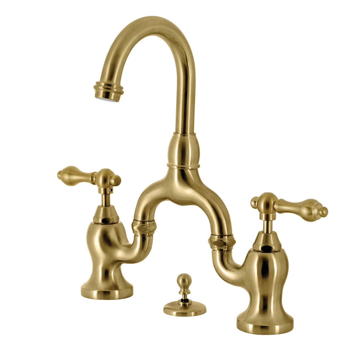 English Country Bridge Bathroom Faucet with Brass Pop-Up in Brushed Brass