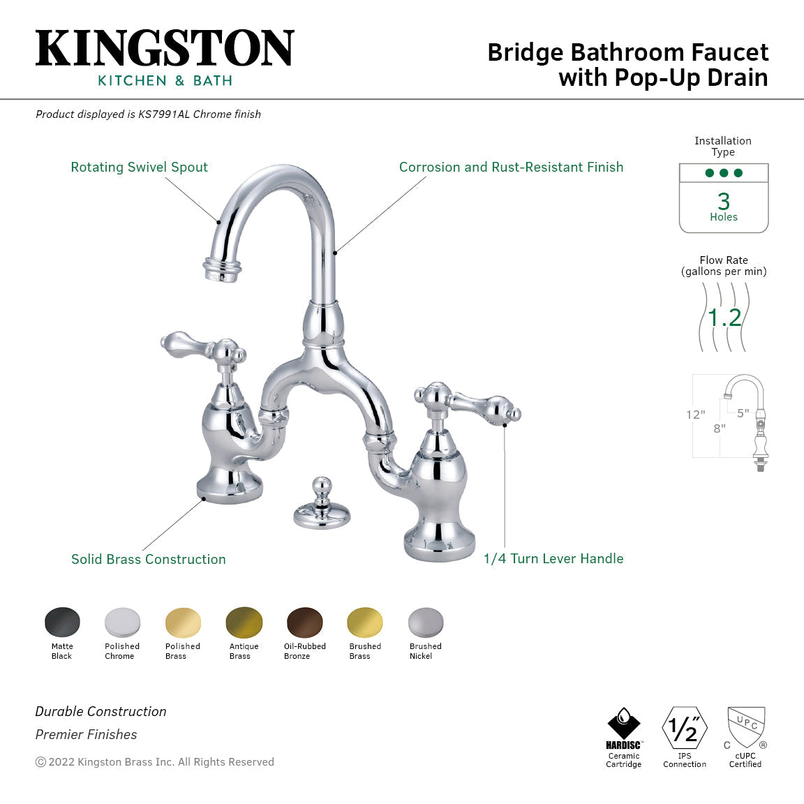 English Country Bridge Bathroom Faucet with Brass Pop-Up in Brushed Nickel