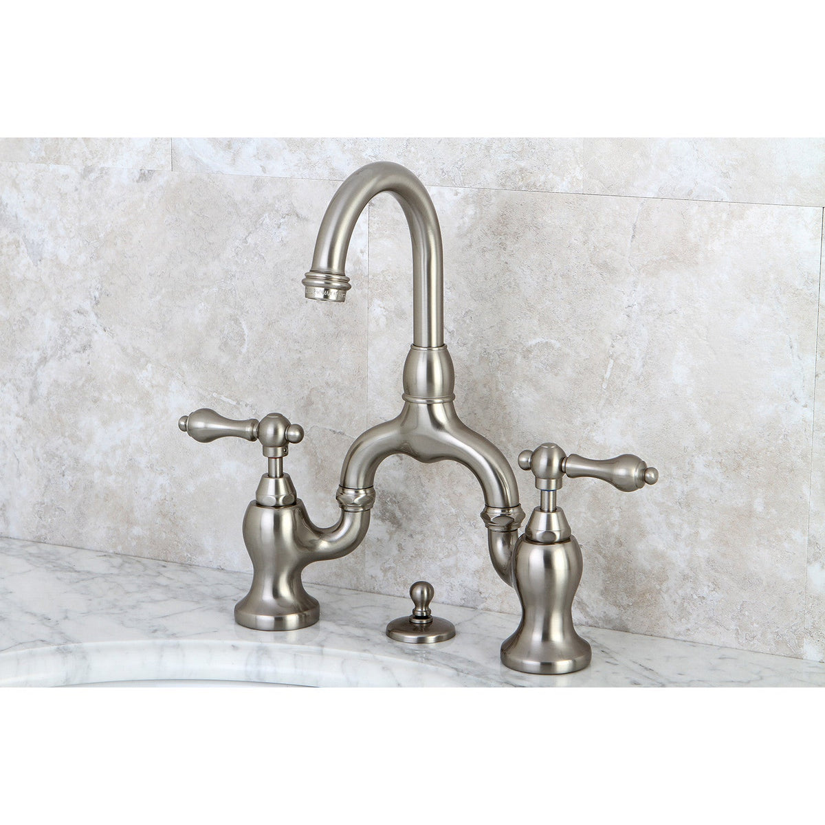 English Country Bridge Bathroom Faucet with Brass Pop-Up in Brushed Nickel