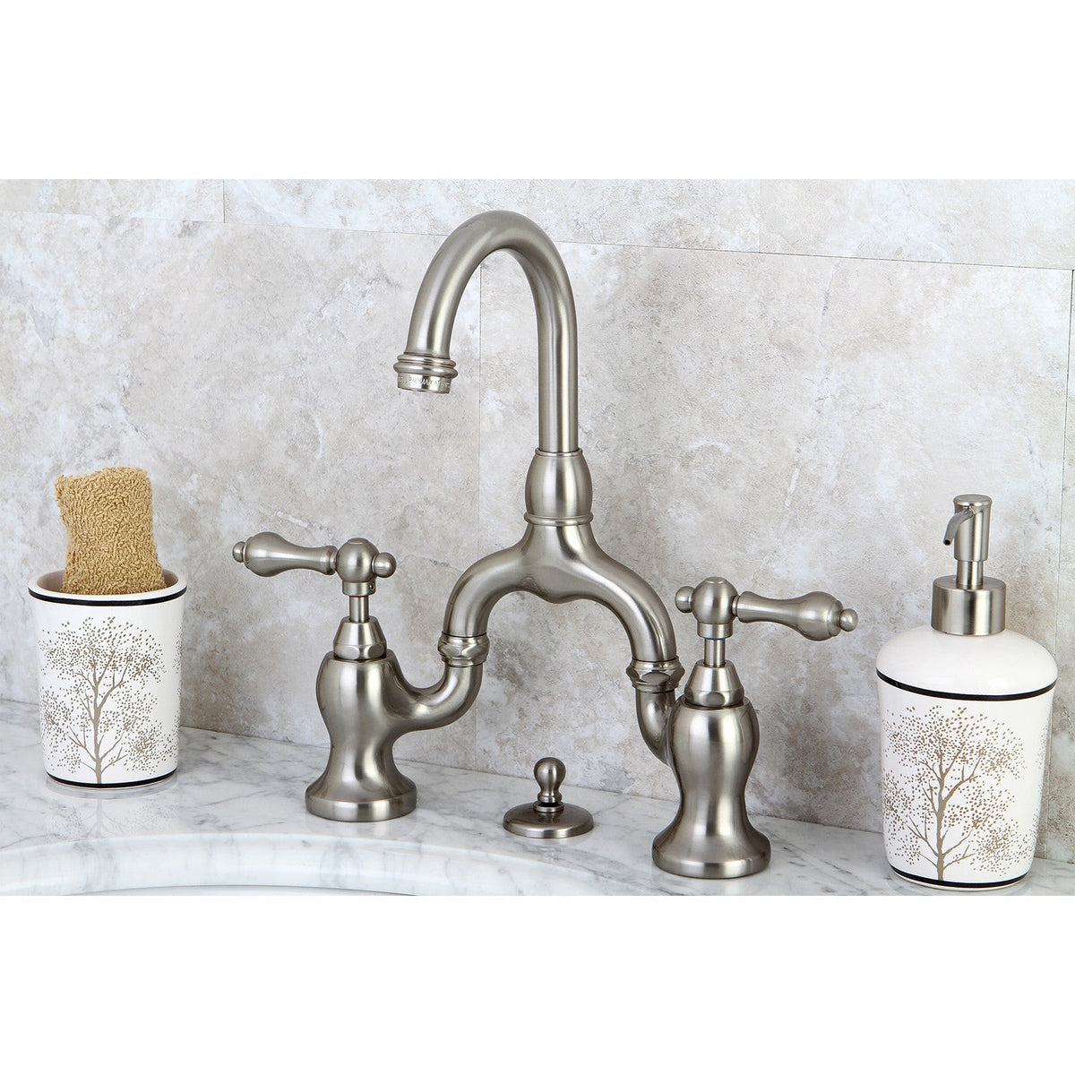 English Country Bridge Bathroom Faucet with Brass Pop-Up in Brushed Nickel