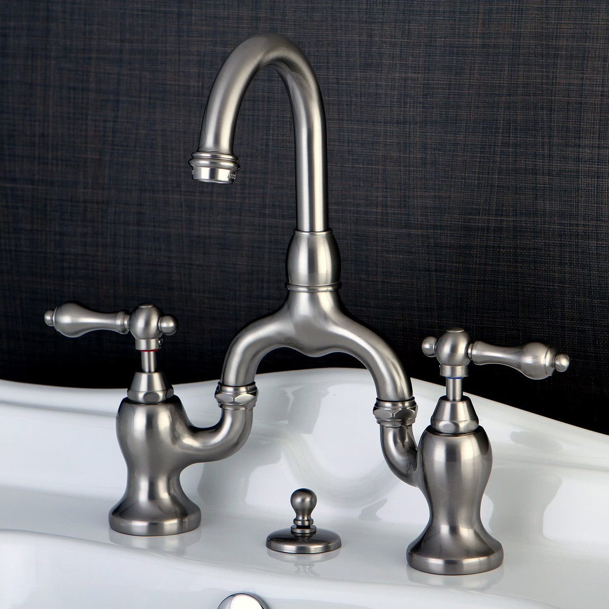 English Country Bridge Bathroom Faucet with Brass Pop-Up in Brushed Nickel